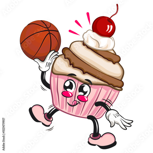 kawaii cartoon cupcake with cherry on top character mascot isolated vector illustration playing basketbal, work of hand drawn