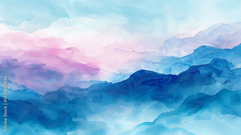 Blue and pink abstract painting of mountains and clouds Blue and pink abstract painting of mountains and clouds
