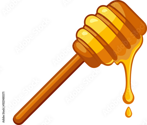 Vector illustration of a bee wooden honey spoon with a drop of liquid, cartoon-style honey dipper dripping with golden honey, outline, and icon.