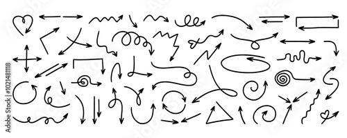 Hand drawn arrows set. Doodle arrow elements. Arrows to create stylish trendy design or decor, direction indication. Vector illustrations isolated on white background. Hand-drawn simple black arrows