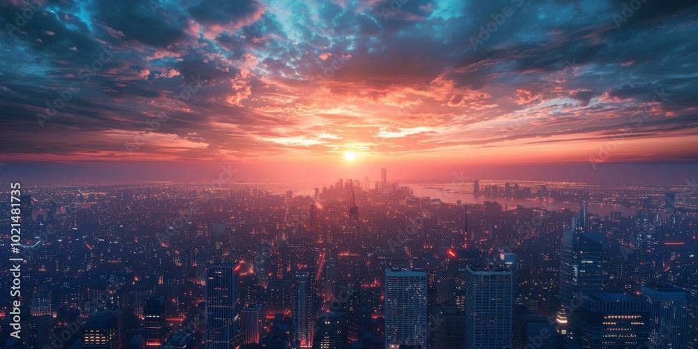 Obraz premium Aerial View of City Skyline at Sunset
