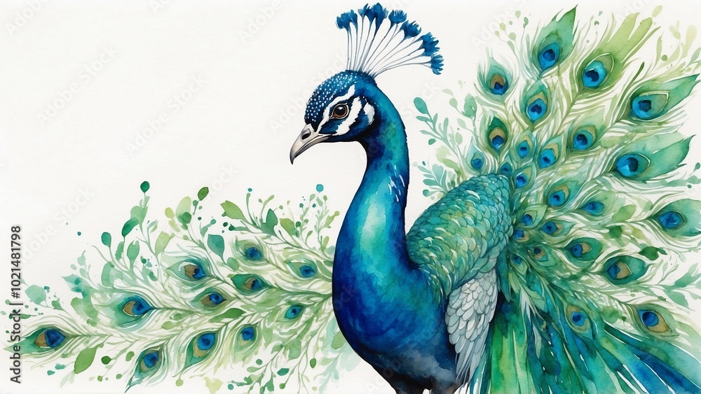 Obraz premium Elegant peacock with elaborate feather display watercolor portrait with copy space