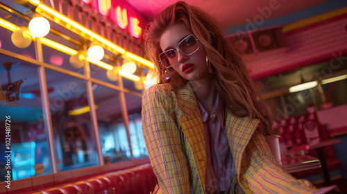 Indie fashion editorial featuring thrifted vintage finds, styled with edgy modern accessories, posed in a retro diner with neon lights. photo