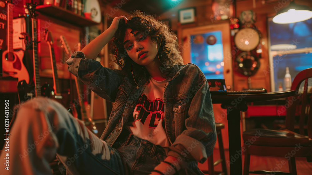 Obraz premium Indie fashion shoot featuring thrifted vintage pieces such as oversized jackets and graphic tees, posed in an indie music cafe with instruments in the background.