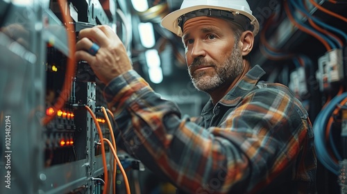 Electrician performing breaker installation in a control room during daytime hours