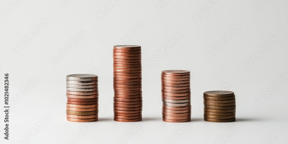 A series of coin stacks representing a bars-up graph on an office desk or setting A series of coin stacks representing a bars-up graph on an office desk or setting