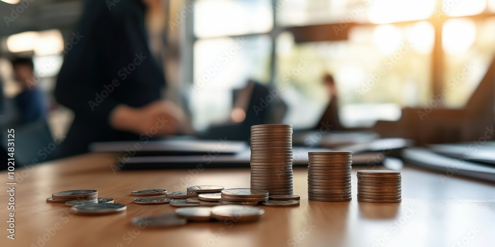 A series of coin stacks representing a bars-up graph on an office desk or setting A series of coin stacks representing a bars-up graph on an office desk or setting