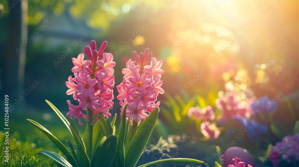 Obraz premium A beautiful spring garden with pink hyacinths blooming in the sunshine. These flowers are a classic symbol of Easter, and the photo is styled with the vibrant magenta color of the year 2024.