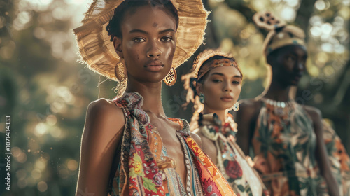 Models showcasing ethical luxury fashion in a grand outdoor setting, with natural lighting enhancing the organic fabrics and eco-friendly designs photo