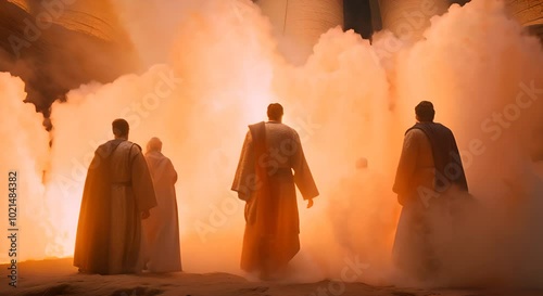 Shadrach, Meshach, and Abednego in the fiery furnace, depicted within a swirling nebula, highlighting their faith amidst trials, with copy space
