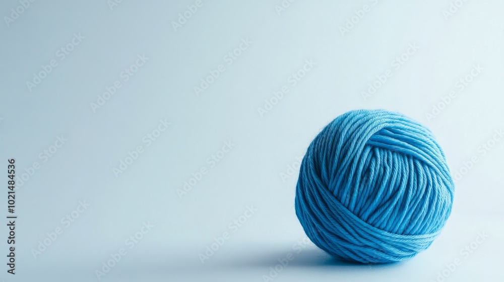 A blue ball of yarn, ready for knitting, stands out against a white background.