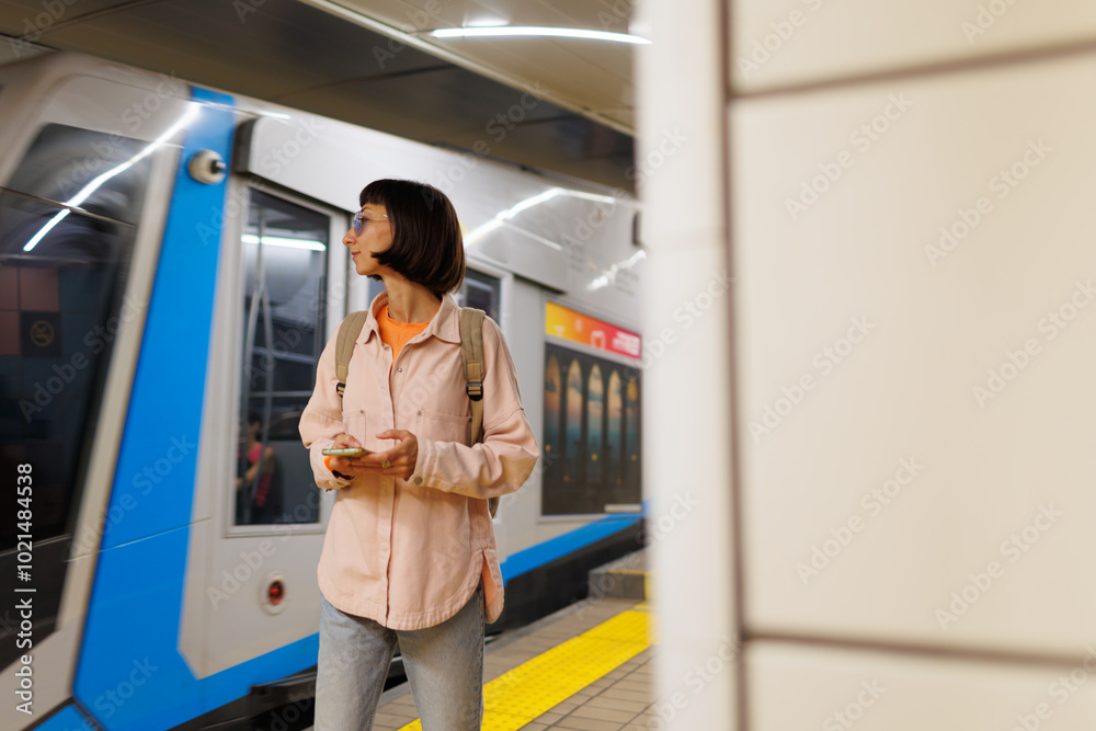 Fototapeta premium girl waiting for train. girl in subway. Young girl in stylish clothes with backpack using smartphone in subway.
