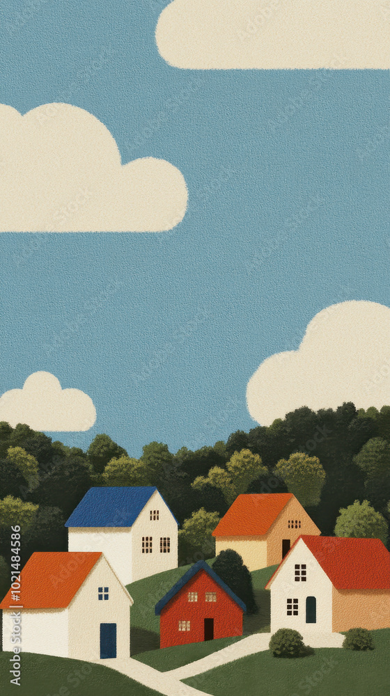 Charming rural scene with colorful houses and serene sky Charming rural scene with colorful houses and serene sky