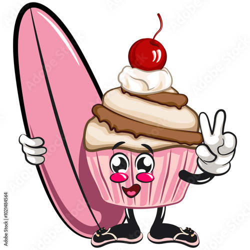 kawaii cartoon cupcake with cherry on top character mascot isolated vector illustration with surfboard, work of hand drawn
