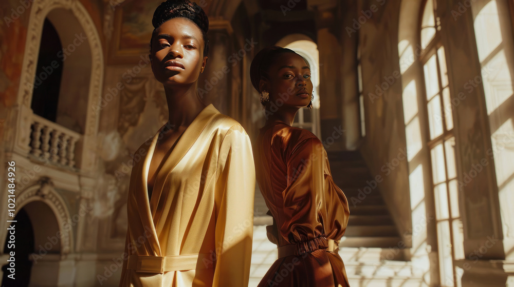 Naklejka premium Models showcasing slow fashion luxury outfits, set in a grand estate with soft, elegant lighting creating a timeless, sophisticated mood