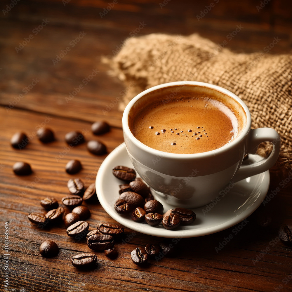 Aromatic coffee in white cup on wooden table, surrounded by coffee beans and burlap sack, creating warm and inviting atmosphere Aromatic coffee in white cup on wooden table, surrounded by coffee beans and burlap sack, creating warm and inviting atmosphere