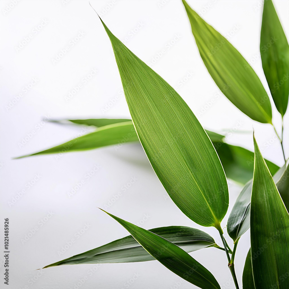 Obraz premium Thin and elegant bamboo leaves, photographed with sharp focus on a white background