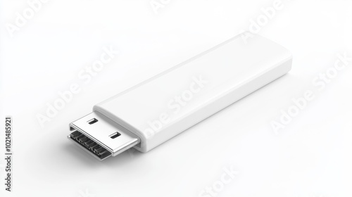 White USB flash drive on a white background featuring a sleek and minimalistic design perfect for digital storage solutions and tech products.. Generative AI