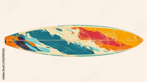 A colorful surfboard with a wave pattern