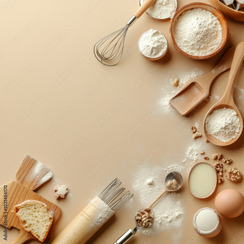 Baking ingredients and utensils arranged on beige background, including flour, eggs, and whisk, create warm and inviting atmosphere for culinary creativity Baking ingredients and utensils arranged on beige background, including flour, eggs, and whisk, create warm and inviting atmosphere for culinary creativity