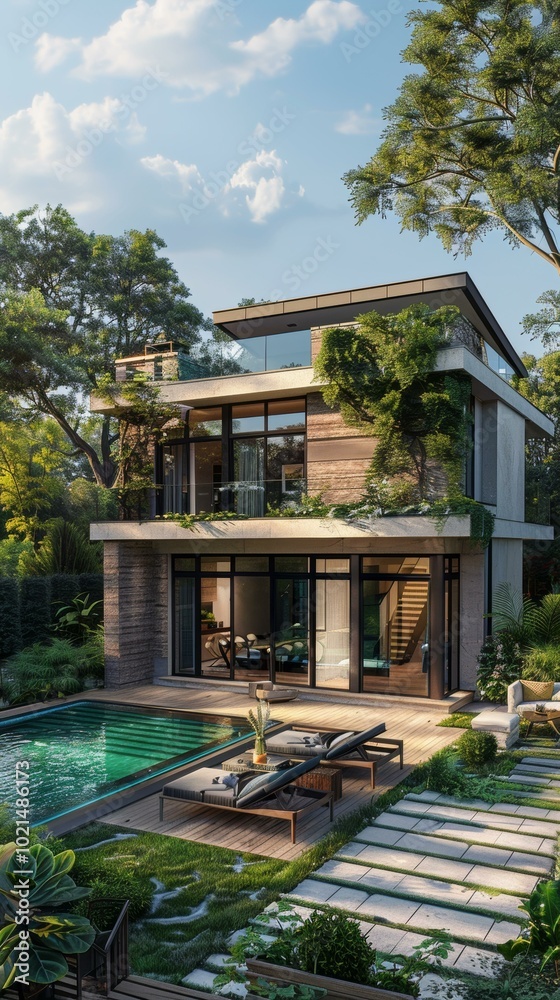 Fototapeta premium Modern Tropical Home with Private Pool Area