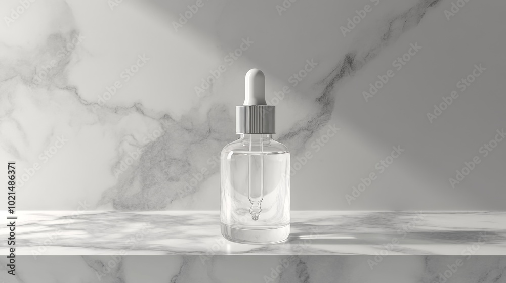 Naklejka premium A clear glass bottle with a dropper, ready for your favorite skincare or essential oils. It has a simple design and sits nicely on a marble shelf. Perfect for beauty products!