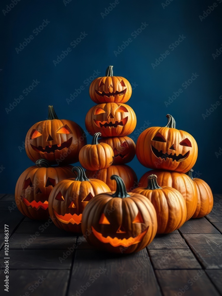 Pumpkin stacks in orange and black hues jack o lanterns placed on a wooden table against a blue backdrop ideal for a spooky halloween copy space image halloween backdrop Pumpkin stacks in orange and black hues jack o lanterns placed on a wooden table against a blue backdrop ideal for a spooky halloween copy space image halloween backdrop
