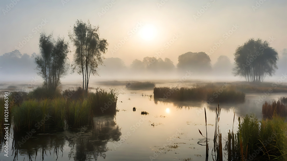 Fototapeta premium fog in the mountains, morning fog landscape sunlight coming through the fog bright sunny nature background