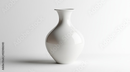 Elegant white ceramic vase on a white background in a realistic style showcasing a smooth glossy surface with clean lines perfect for modern decor or minimalistic interiors.. Generative AI