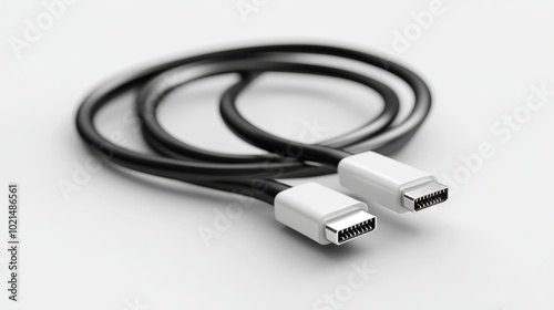 HDMI cable with sleek black design and silver connectors isolated on a white background ideal for technology electronics or e-commerce photography projects.. Generative AI