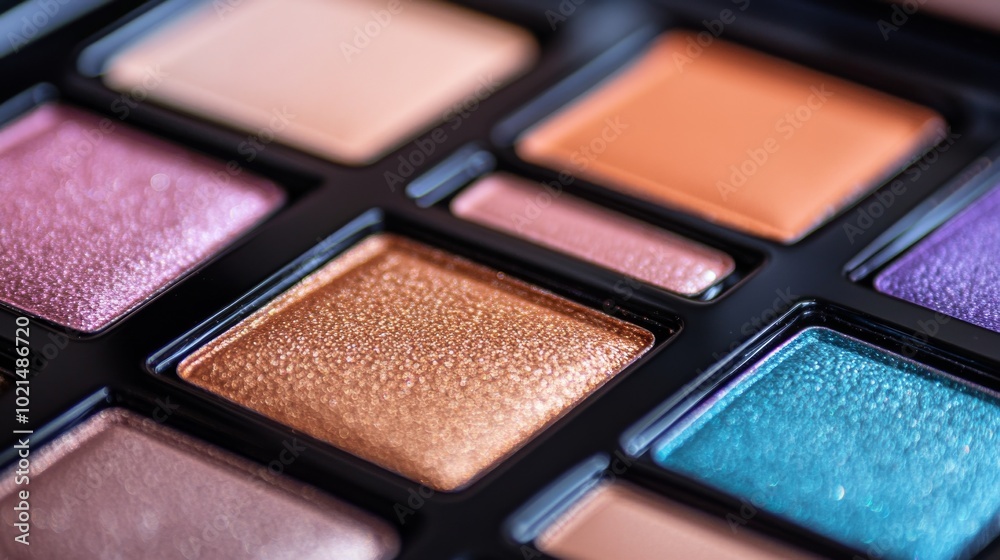 A close-up of a colorful eyeshadow palette. It features the trendy 2024 color. A close-up of a colorful eyeshadow palette. It features the trendy 2024 color.