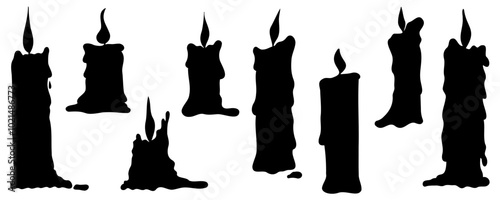 Vector set of black silhouette wax candles with lights. Silhouette of paraffin candles with flickering flame. 
Religion and faith. 
