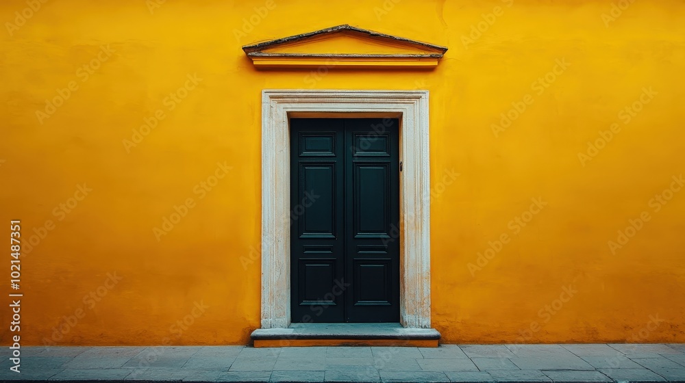 Fototapeta premium Classic Architecture: Vintage Old House Entrance with Yellow Wall and Black Door in Cinematic Product Photography Style