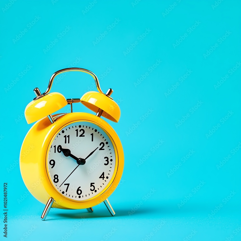 Yellow alarm clock on a bright blue background, symbolizing time management and punctuality. Yellow alarm clock on a bright blue background, symbolizing time management and punctuality.