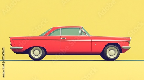 A red car is parked on a yellow road