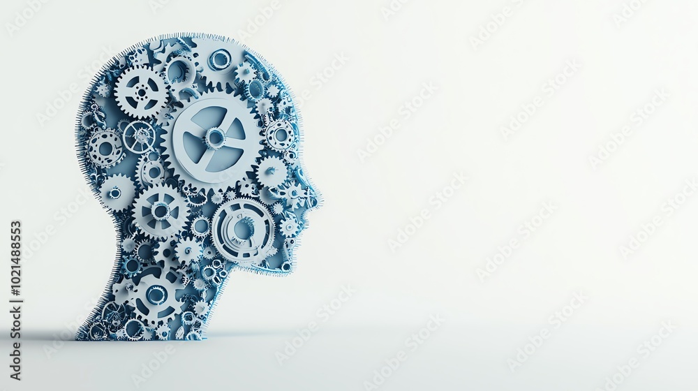 Conceptual representation of a human head made of gears, symbolizing artificial intelligence and machine learning on white background. Conceptual representation of a human head made of gears, symbolizing artificial intelligence and machine learning on white background.