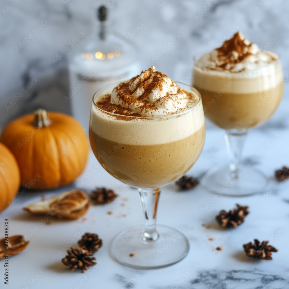 delicious pumpkin spice latte smoothie topped with whipped cream and cinnamon, surrounded by decorative pumpkins and spices, creating cozy autumn atmosphere delicious pumpkin spice latte smoothie topped with whipped cream and cinnamon, surrounded by decorative pumpkins and spices, creating cozy autumn atmosphere