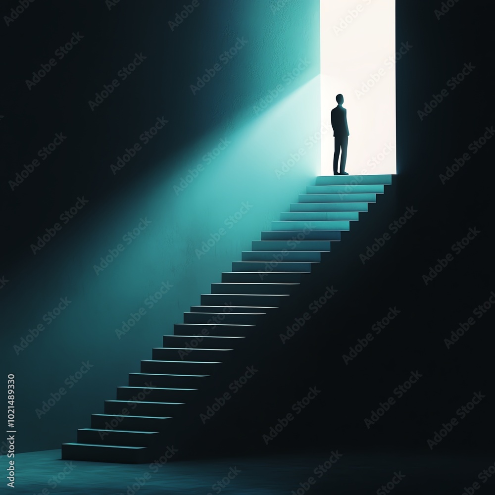 A solitary figure stands at the top of stairs, bathed in light, symbolizing hope and new beginnings. A solitary figure stands at the top of stairs, bathed in light, symbolizing hope and new beginnings.