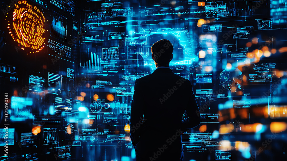 Silhouette of man in digital interface room Silhouette of man in digital interface room