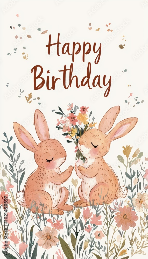 Obraz premium Charming Birthday Card with Adorable Bunnies and Floral Bouquet for Heartfelt Wishes