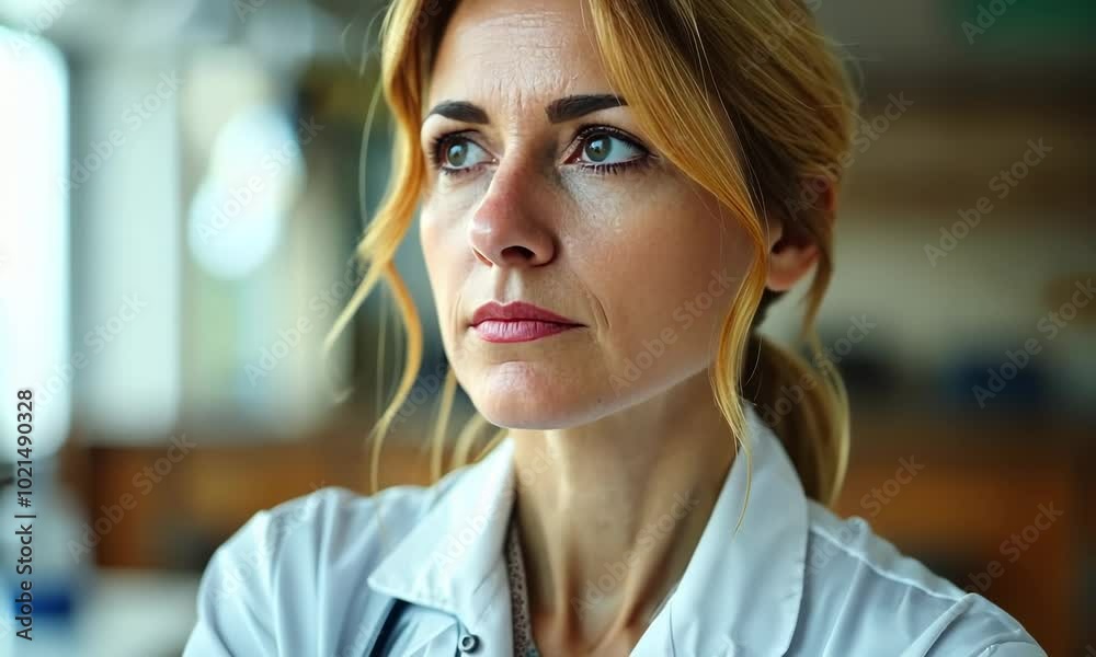 A woman with blonde hair and a white lab coat is standing in front of a wall Video A woman with blonde hair and a white lab coat is standing in front of a wall Video