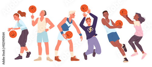 Basketball players in motion set. Female and male athletes in sport uniform playing, young active champion characters training to jump, defense and throw ball into basket cartoon vector illustration