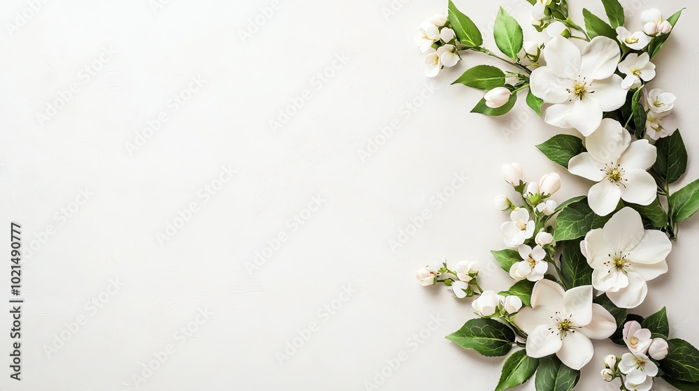 Delicate white flowers and lush green leaves arranged elegantly on a plain background. Delicate white flowers and lush green leaves arranged elegantly on a plain background.