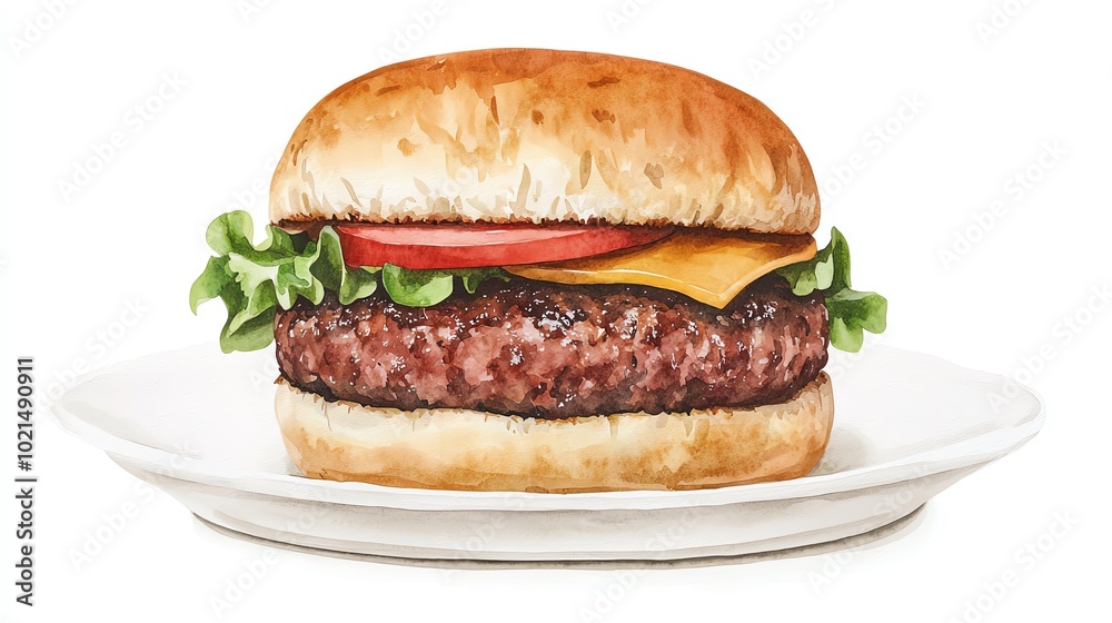 Juicy hamburger with lettuce, tomato, and cheese on a soft bun, presented on a plain white plate, against a white background. Juicy hamburger with lettuce, tomato, and cheese on a soft bun, presented on a plain white plate, against a white background.