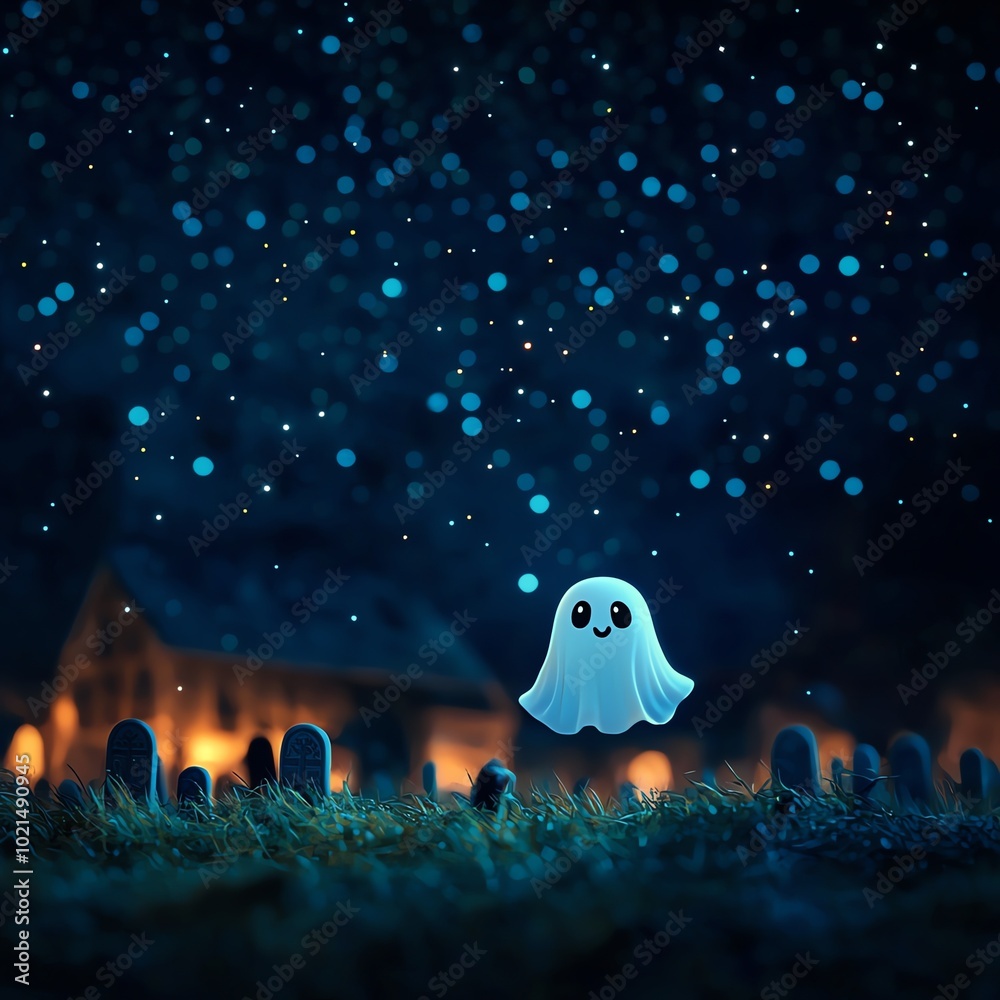 A cute ghost hovering over a graveyard under starry night, creating a whimsical atmosphere. A cute ghost hovering over a graveyard under starry night, creating a whimsical atmosphere.