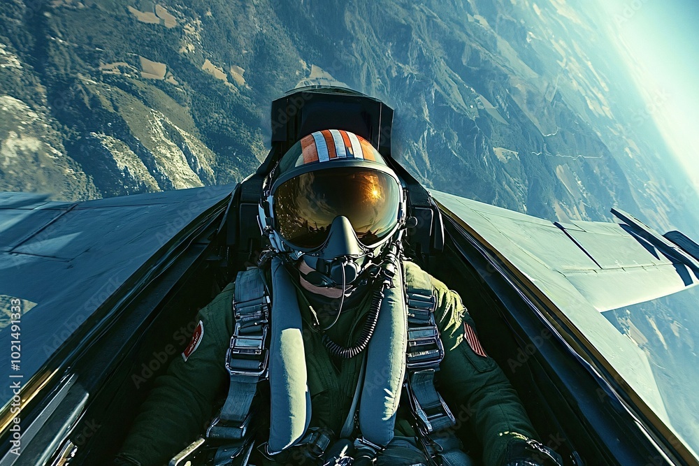 Military pilot wearing helmet sitting in fighter jet cockpit flying high above mountainous terrain Military pilot wearing helmet sitting in fighter jet cockpit flying high above mountainous terrain