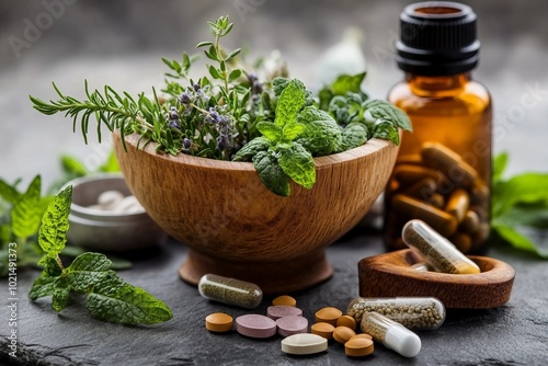 a bowl of herbs next to a bottle of pills