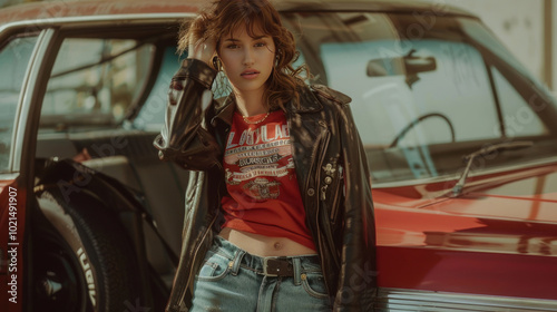 Showcase a stylish outfit built from thrifted clothing, with the model wearing a vintage leather jacket, flared jeans, and a graphic tee, standing by an antique car.