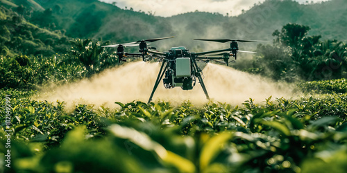 A drone is spraying a field of green plants. The drone is spraying the plants with a white substance photo