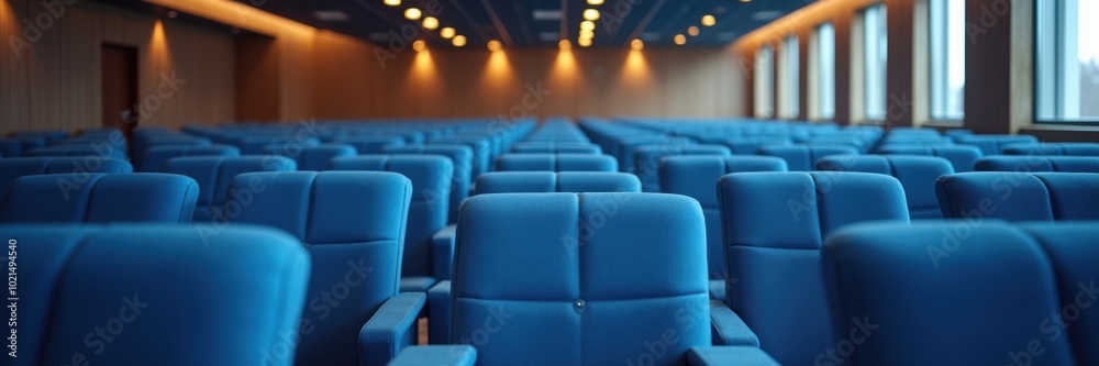 Modern conference hall with blue seating arranged neatly, ideal for business meetings, workshops, and events. Modern conference hall with blue seating arranged neatly, ideal for business meetings, workshops, and events.